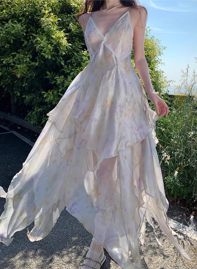 Dreamy Flowy Asymmetric Ruffles Hem Maxi Dress Floral Print Lace Splicing Sheen Fabric Long Dress AP1277