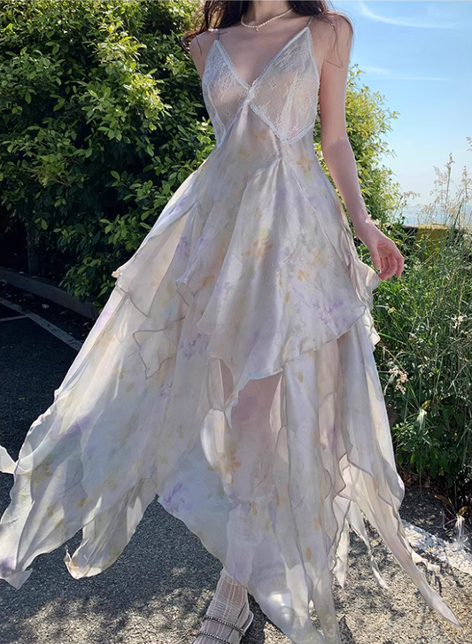 Dreamy Flowy Asymmetric Ruffles Hem Maxi Dress Floral Print Lace Splicing Sheen Fabric Long Dress AP1277