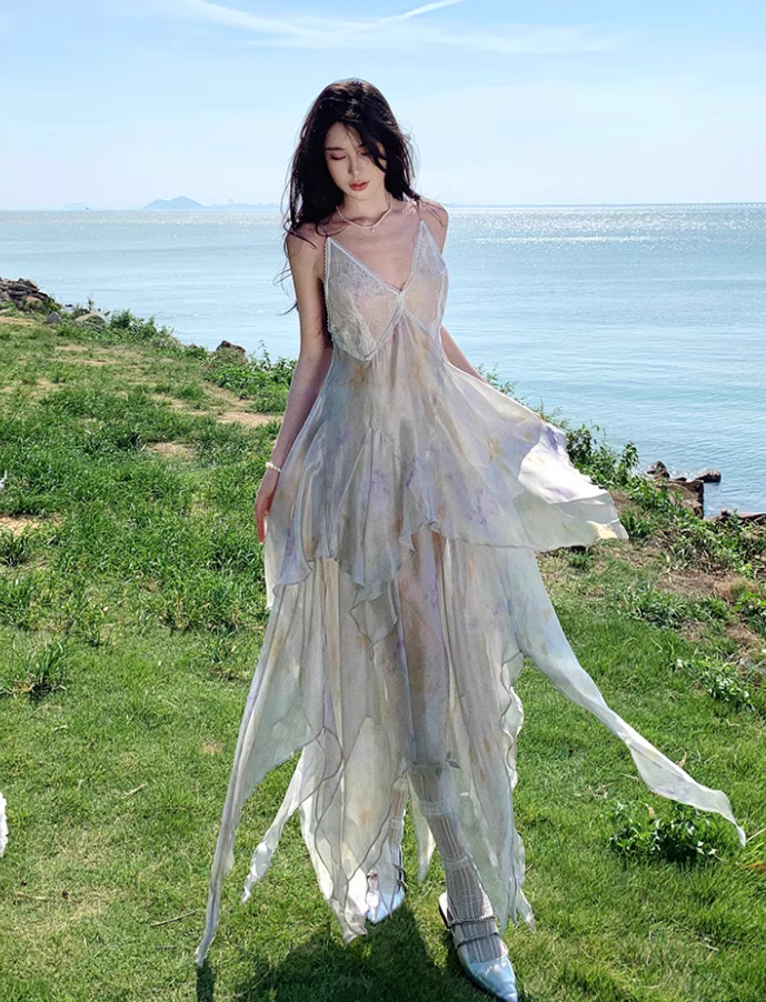 Dreamy Flowy Asymmetric Ruffles Hem Maxi Dress Floral Print Lace Splicing Sheen Fabric Long Dress AP1277