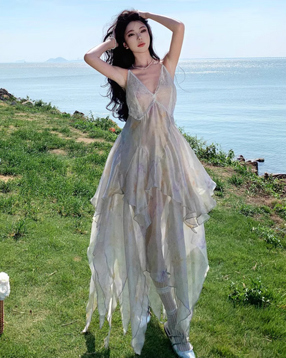 Dreamy Flowy Asymmetric Ruffles Hem Maxi Dress Floral Print Lace Splicing Sheen Fabric Long Dress AP1277