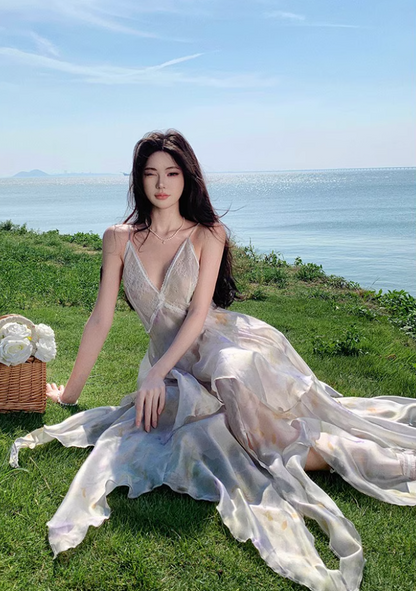 Dreamy Flowy Asymmetric Ruffles Hem Maxi Dress Floral Print Lace Splicing Sheen Fabric Long Dress AP1277