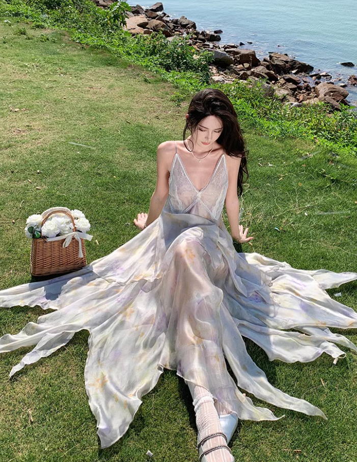 Dreamy Flowy Asymmetric Ruffles Hem Maxi Dress Floral Print Lace Splicing Sheen Fabric Long Dress AP1277