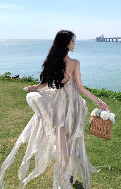 Dreamy Flowy Asymmetric Ruffles Hem Maxi Dress Floral Print Lace Splicing Sheen Fabric Long Dress AP1277