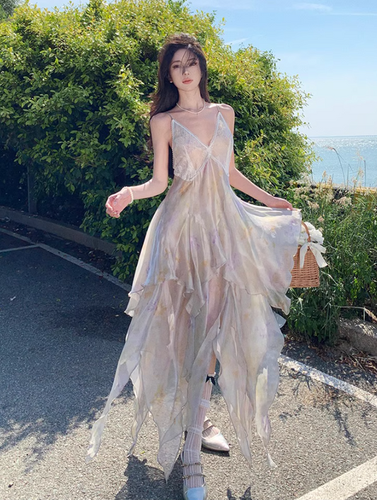 Dreamy Flowy Asymmetric Ruffles Hem Maxi Dress Floral Print Lace Splicing Sheen Fabric Long Dress AP1277