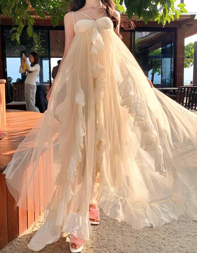 Ethereal Ruffles Asymmetric Hem Maxi Dress Chic Flowy Splicing Sheer Tulle Long Dress AP1278