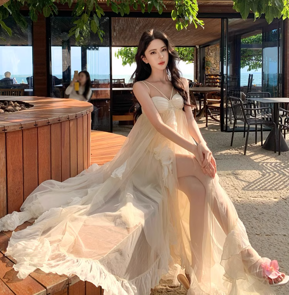 Ethereal Ruffles Asymmetric Hem Maxi Dress Chic Flowy Splicing Sheer Tulle Long Dress AP1278