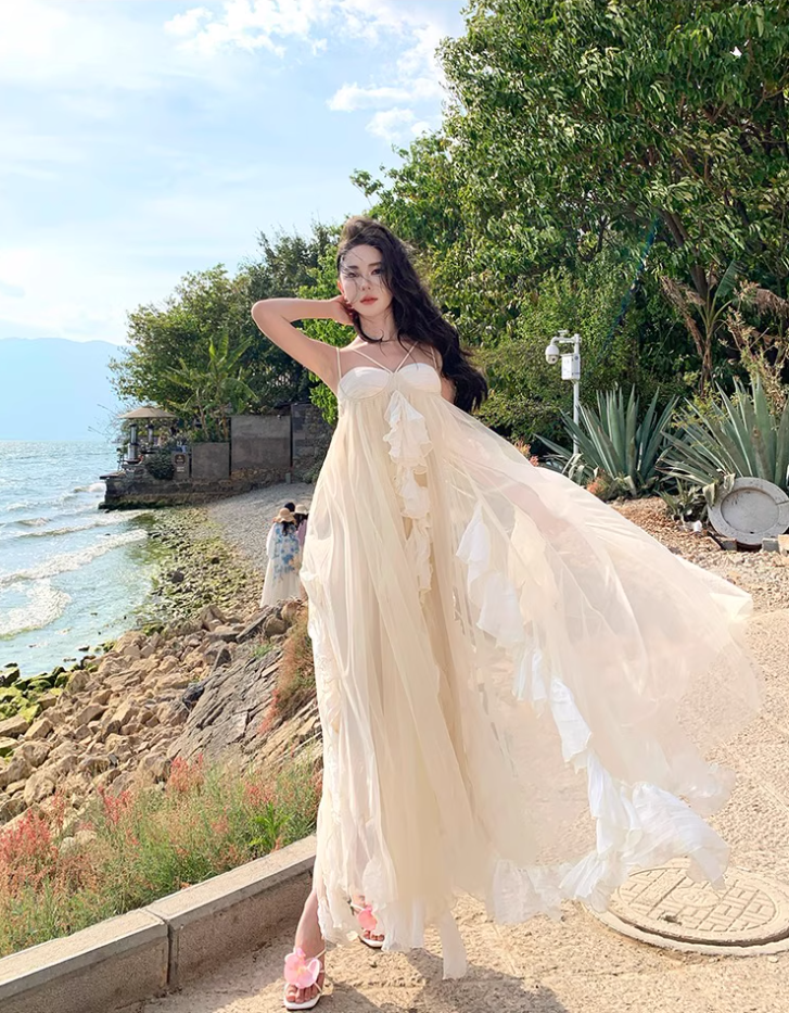 Ethereal Ruffles Asymmetric Hem Maxi Dress Chic Flowy Splicing Sheer Tulle Long Dress AP1278