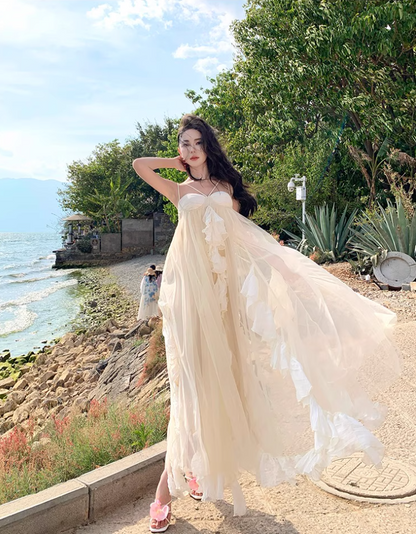 Ethereal Ruffles Asymmetric Hem Maxi Dress Chic Flowy Splicing Sheer Tulle Long Dress AP1278