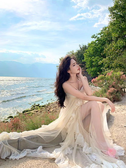 Ethereal Ruffles Asymmetric Hem Maxi Dress Chic Flowy Splicing Sheer Tulle Long Dress AP1278