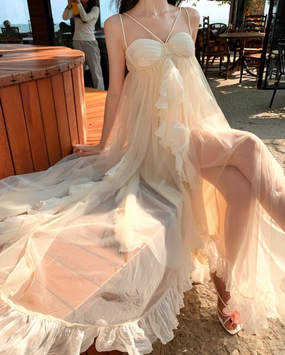 Ethereal Ruffles Asymmetric Hem Maxi Dress Chic Flowy Splicing Sheer Tulle Long Dress AP1278