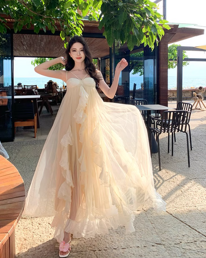 Ethereal Ruffles Asymmetric Hem Maxi Dress Chic Flowy Splicing Sheer Tulle Long Dress AP1278