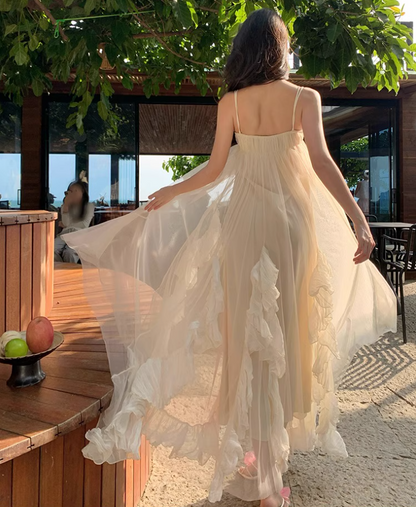 Ethereal Ruffles Asymmetric Hem Maxi Dress Chic Flowy Splicing Sheer Tulle Long Dress AP1278