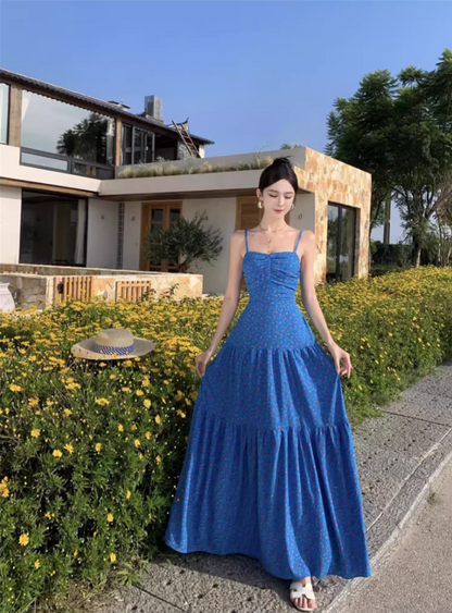 French-Inspired Floral Print Blue Maxi Dress Chic Flowy Backless Cinched-Waist Long Dress AP1279