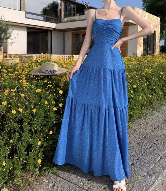 French-Inspired Floral Print Blue Maxi Dress Chic Flowy Backless Cinched-Waist Long Dress AP1279
