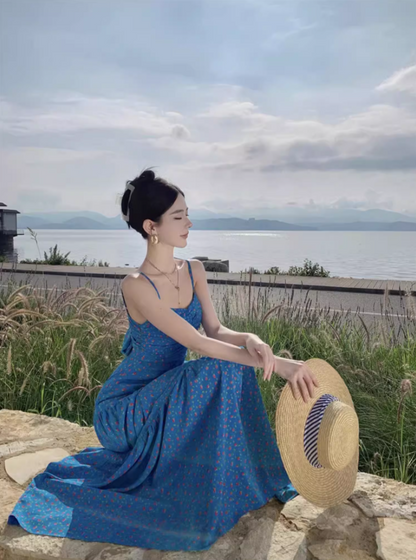 French-Inspired Floral Print Blue Maxi Dress Chic Flowy Backless Cinched-Waist Long Dress AP1279