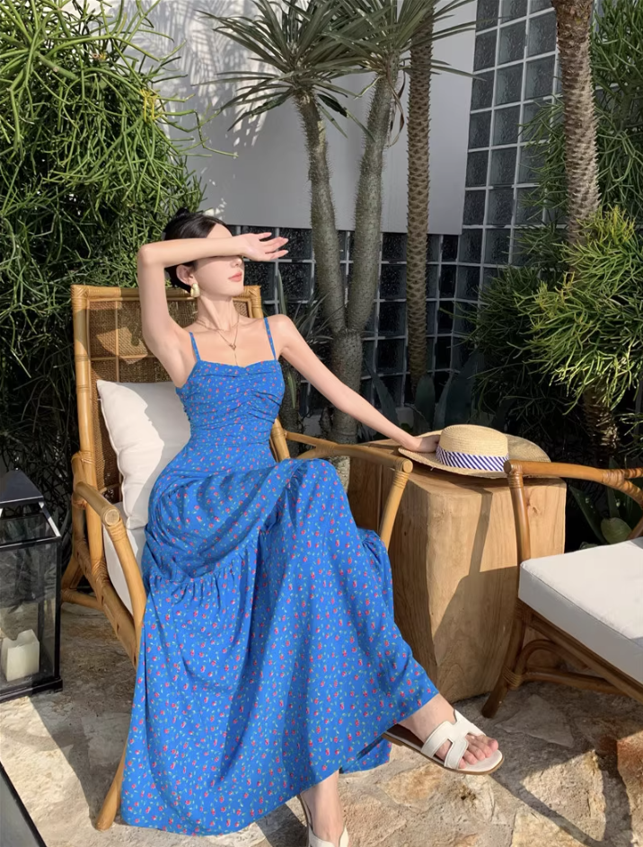 French-Inspired Floral Print Blue Maxi Dress Chic Flowy Backless Cinched-Waist Long Dress AP1279