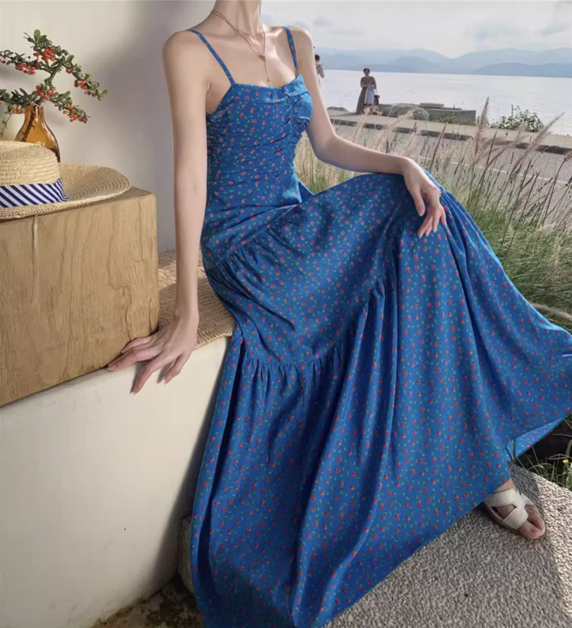 French-Inspired Floral Print Blue Maxi Dress Chic Flowy Backless Cinched-Waist Long Dress AP1279