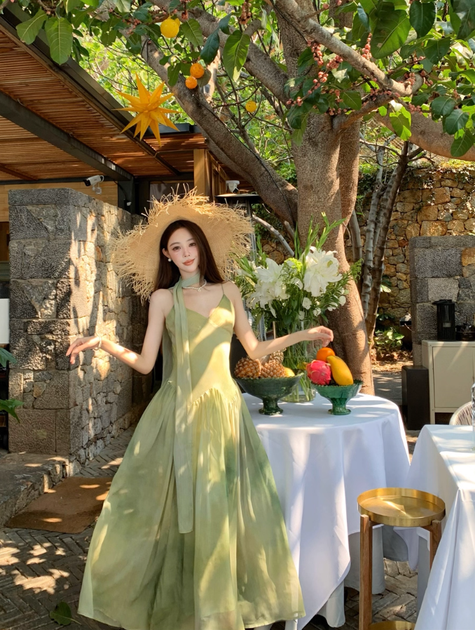 Dreamy Green Double Layers Maxi Dress Classical Flowy Cinched-Waist Minimalist Long Dress AP1280