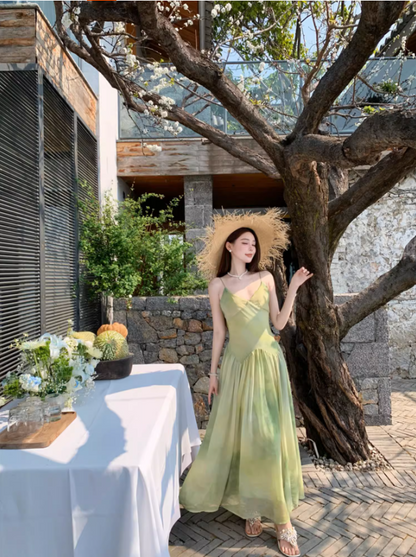 Dreamy Green Double Layers Maxi Dress Classical Flowy Cinched-Waist Minimalist Long Dress AP1280