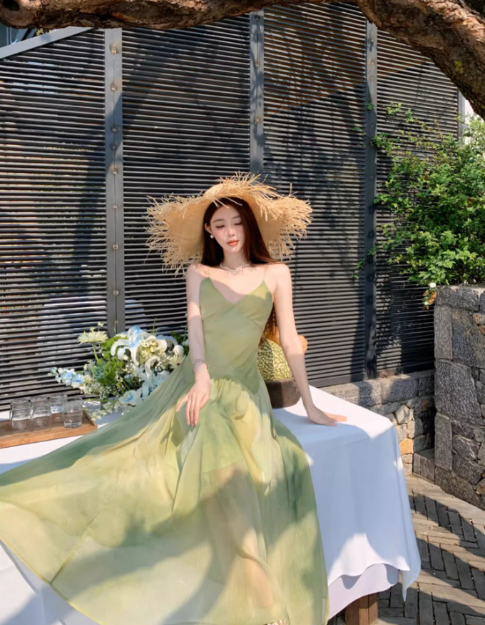 Dreamy Green Double Layers Maxi Dress Classical Flowy Cinched-Waist Minimalist Long Dress AP1280