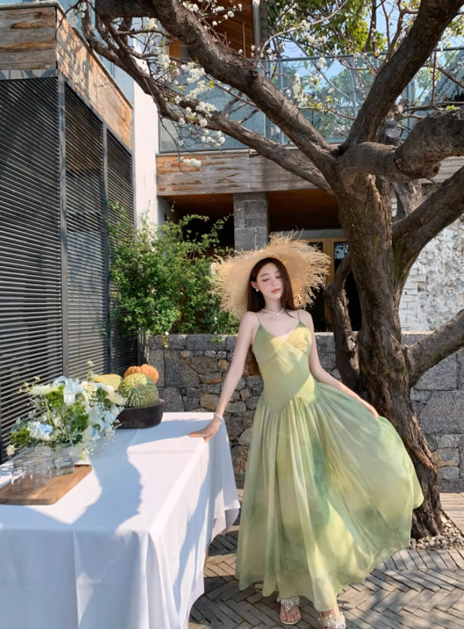 Dreamy Green Double Layers Maxi Dress Classical Flowy Cinched-Waist Minimalist Long Dress AP1280