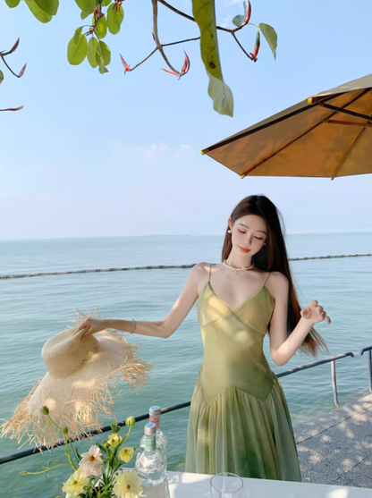 Dreamy Green Double Layers Maxi Dress Classical Flowy Cinched-Waist Minimalist Long Dress AP1280