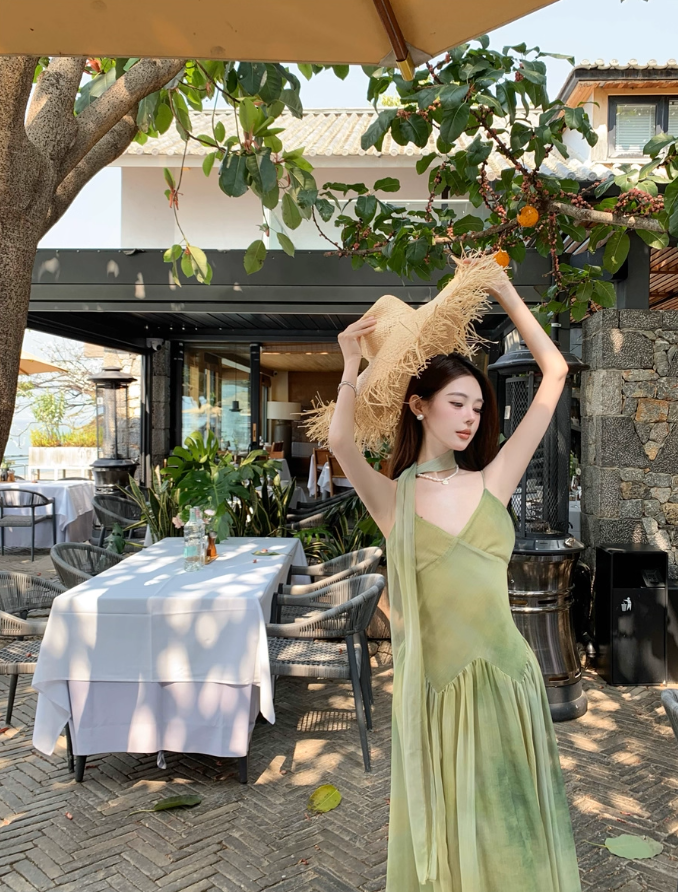 Dreamy Green Double Layers Maxi Dress Classical Flowy Cinched-Waist Minimalist Long Dress AP1280