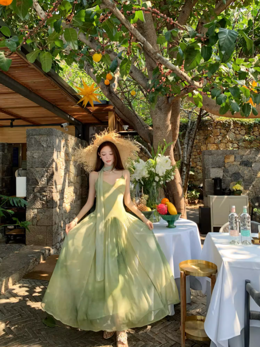 Dreamy Green Double Layers Maxi Dress Classical Flowy Cinched-Waist Minimalist Long Dress AP1280