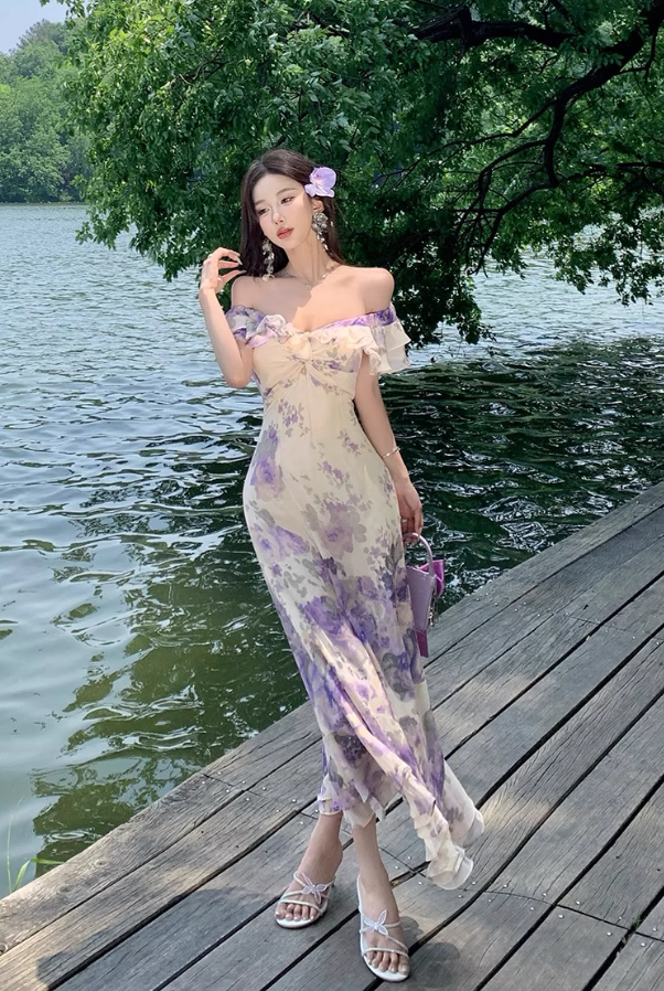 Elegant Purple Floral Print Cinched-Waist Maxi Dress French Style Ruffles Hem Off-Shoulder Long Dress AP1281