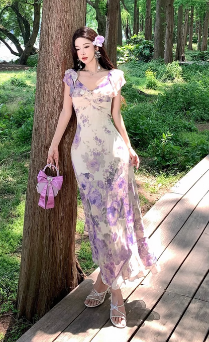 Elegant Purple Floral Print Cinched-Waist Maxi Dress French Style Ruffles Hem Off-Shoulder Long Dress AP1281