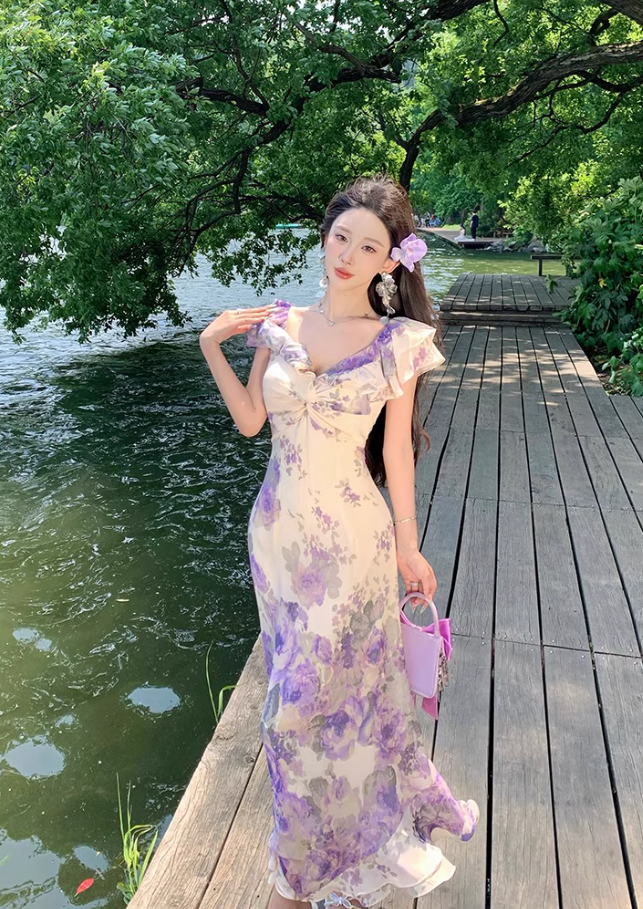 Elegant Purple Floral Print Cinched-Waist Maxi Dress French Style Ruffles Hem Off-Shoulder Long Dress AP1281