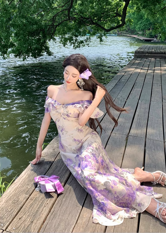 Elegant Purple Floral Print Cinched-Waist Maxi Dress French Style Ruffles Hem Off-Shoulder Long Dress AP1281