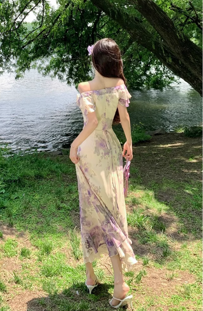 Elegant Purple Floral Print Cinched-Waist Maxi Dress French Style Ruffles Hem Off-Shoulder Long Dress AP1281