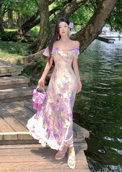 Elegant Purple Floral Print Cinched-Waist Maxi Dress French Style Ruffles Hem Off-Shoulder Long Dress AP1281