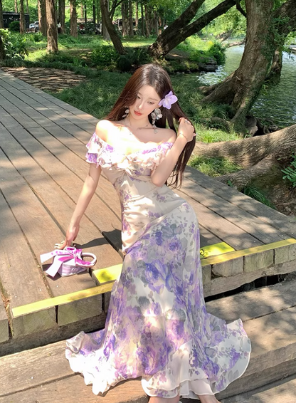 Elegant Purple Floral Print Cinched-Waist Maxi Dress French Style Ruffles Hem Off-Shoulder Long Dress AP1281