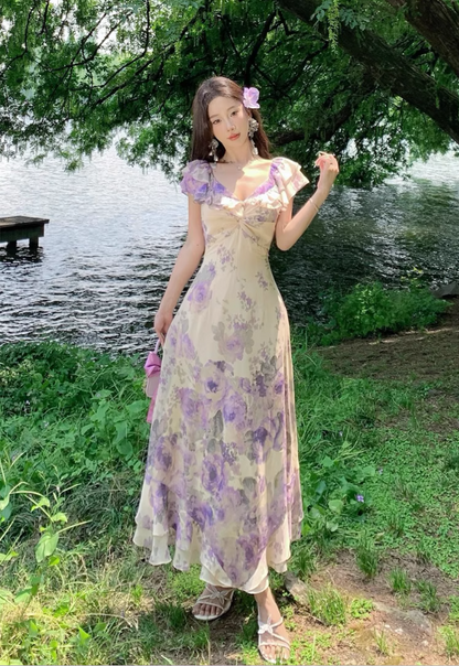 Elegant Purple Floral Print Cinched-Waist Maxi Dress French Style Ruffles Hem Off-Shoulder Long Dress AP1281