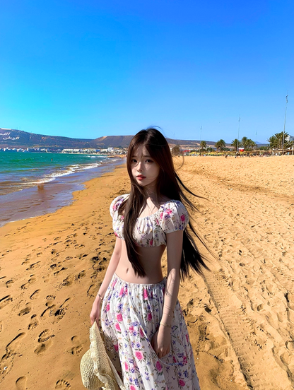 Alluring Floral Print Open Waist Maxi Dress Dopamine Two-Piece Short Puffy Sleeve Long Dress AP1282