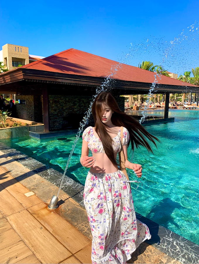 Alluring Floral Print Open Waist Maxi Dress Dopamine Two-Piece Short Puffy Sleeve Long Dress AP1282