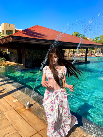 Alluring Floral Print Open Waist Maxi Dress Dopamine Two-Piece Short Puffy Sleeve Long Dress AP1282