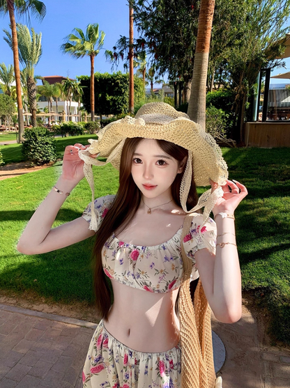 Alluring Floral Print Open Waist Maxi Dress Dopamine Two-Piece Short Puffy Sleeve Long Dress AP1282