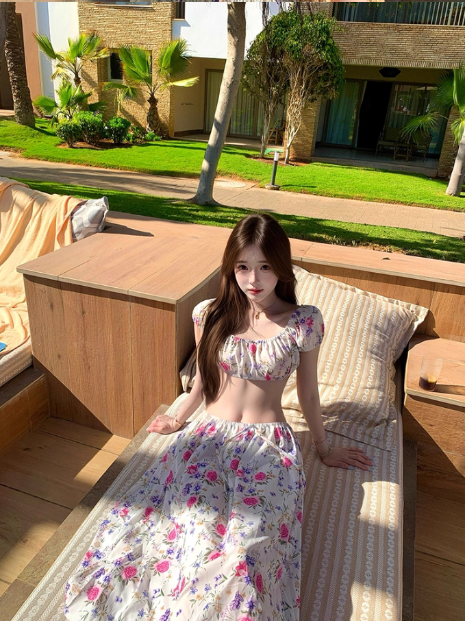 Alluring Floral Print Open Waist Maxi Dress Dopamine Two-Piece Short Puffy Sleeve Long Dress AP1282