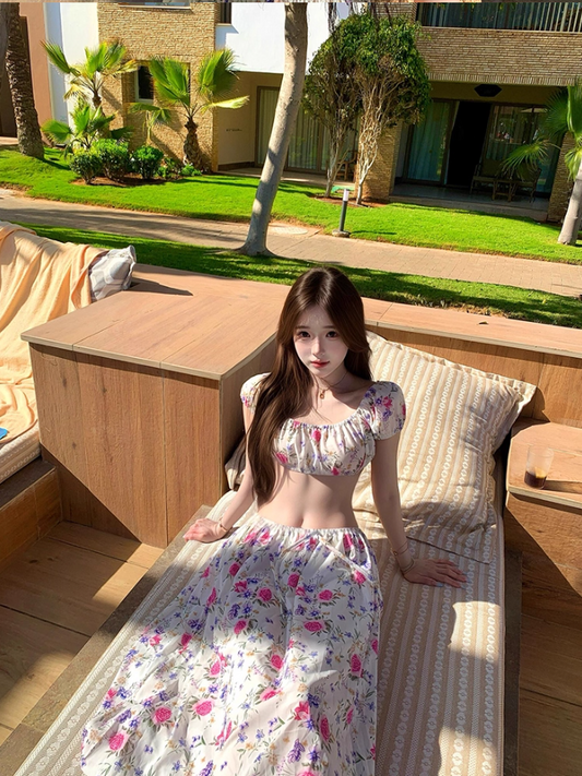 Alluring Floral Print Open Waist Maxi Dress Dopamine Two-Piece Short Puffy Sleeve Long Dress AP1282