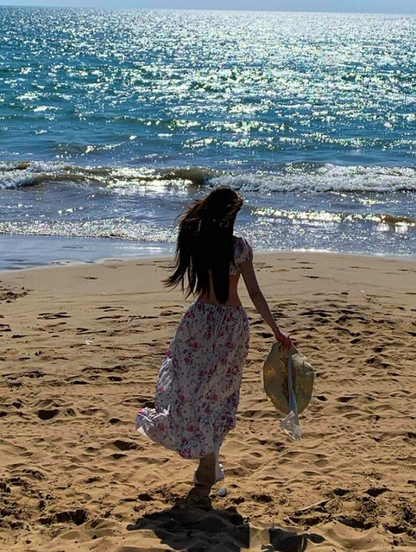 Alluring Floral Print Open Waist Maxi Dress Dopamine Two-Piece Short Puffy Sleeve Long Dress AP1282