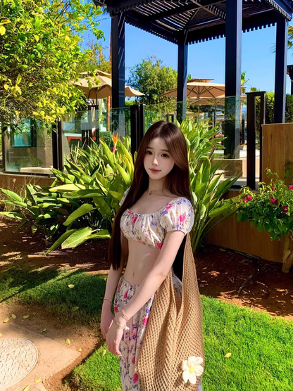 Alluring Floral Print Open Waist Maxi Dress Dopamine Two-Piece Short Puffy Sleeve Long Dress AP1282