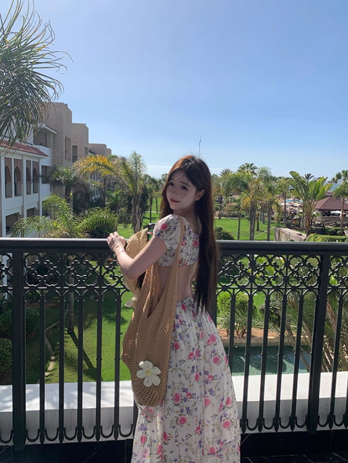 Alluring Floral Print Open Waist Maxi Dress Dopamine Two-Piece Short Puffy Sleeve Long Dress AP1282