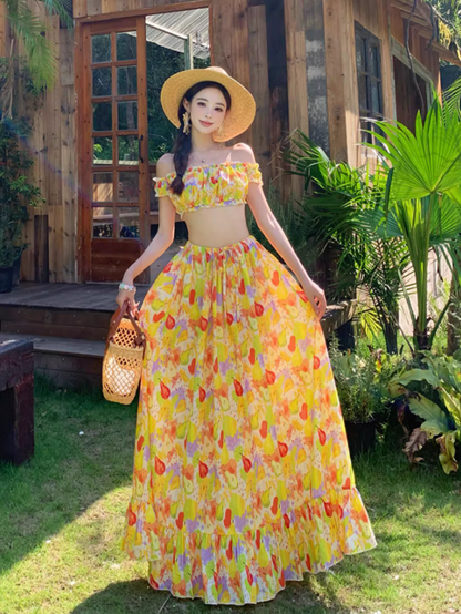 Dopamine Style Fruits Print Two-Piece Set Maxi Dress Vibrant Off-Shoulder Ruffled Hem Long Dress AP1283