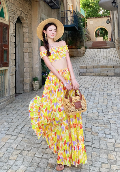 Dopamine Style Fruits Print Two-Piece Set Maxi Dress Vibrant Off-Shoulder Ruffled Hem Long Dress AP1283