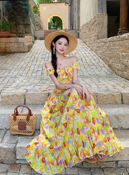 Dopamine Style Fruits Print Two-Piece Set Maxi Dress Vibrant Off-Shoulder Ruffled Hem Long Dress AP1283