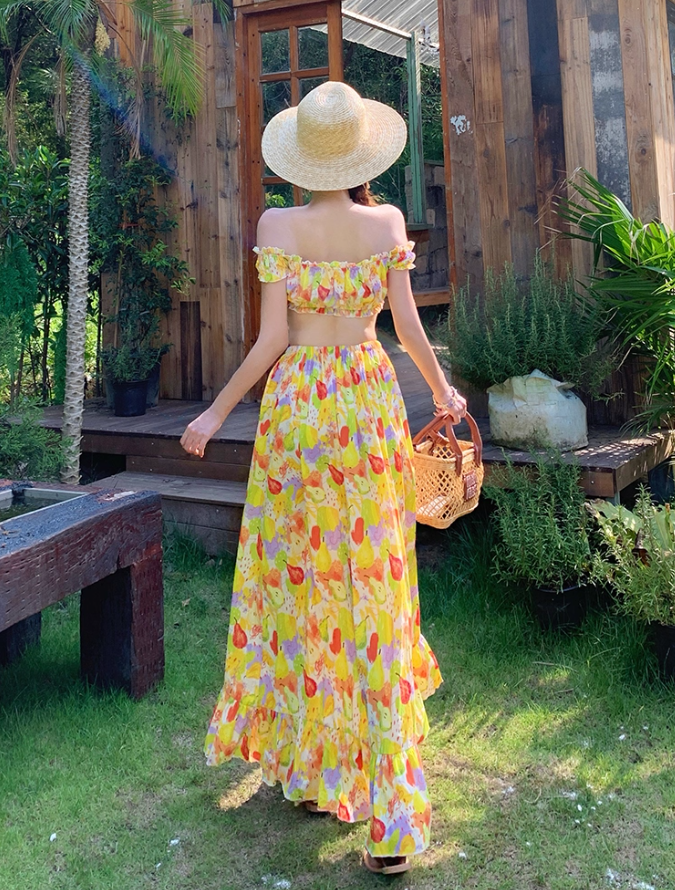 Dopamine Style Fruits Print Two-Piece Set Maxi Dress Vibrant Off-Shoulder Ruffled Hem Long Dress AP1283