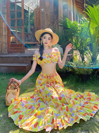 Dopamine Style Fruits Print Two-Piece Set Maxi Dress Vibrant Off-Shoulder Ruffled Hem Long Dress AP1283